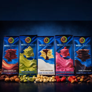 Neelu Chocos assorted chocolates with nuts, dark, milk, white, pistha, and strawberry flavors.