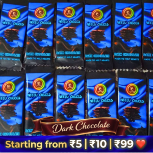 Premium dark chocolate by Neelu Chocos with elegant packaging.