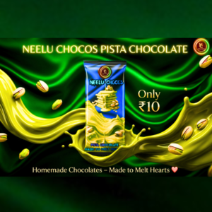 Neelu Chocos pistha 10 Rs chocolate bar with rich pistachio flavor and attractive packaging.