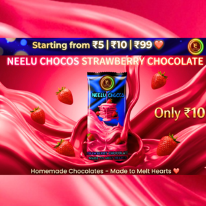 Neelu Chocos strawberry 10 Rs chocolate bar with fruity flavor and attractive packaging.